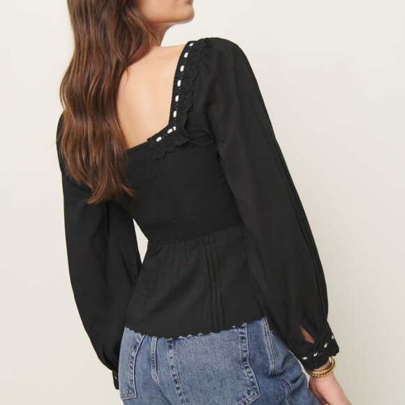 Reformation Haisley Cotton Lace Top Blouse Sz4 Black Long Sleeves - Picture 2 of 9